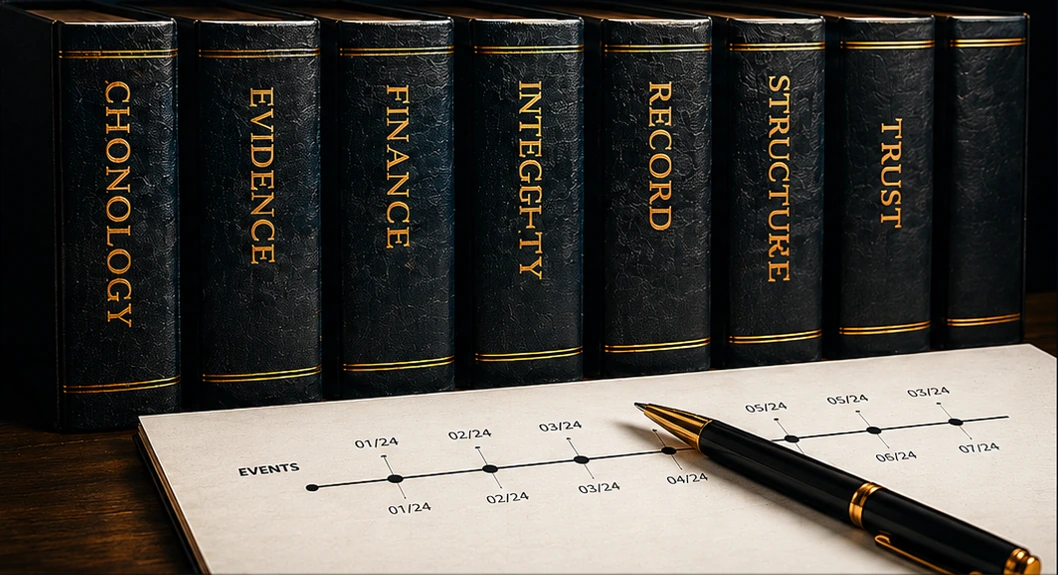 Seven dark reference volumes titled Chronology, Evidence, Finance, Integrity, Record, Structure and Trust beside a chronological record sheet and pen.